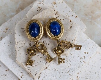 Vintage Blue Cabochon Antique Keys Unique Clip On Earrings