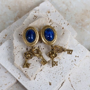 Vintage Blue Cabochon Antique Keys Unique Clip On Earrings image 1