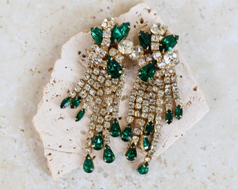 Hattie Carnegie Signed Green Faux Emerald Waterfall Clip Earrings RARE