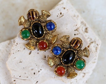 Graziano RARE Signed Chunky Etruscan Byzantine Massive Vintage Clip On Earrings with Scarab and Cabochon Stones