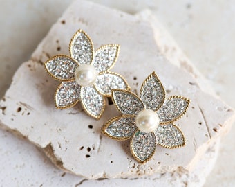 Classic Flower Shaped Silver Tone Vintage Clip On Earrings with Rhinestones and Faux Pearls