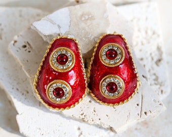 Amazing Oversized Gerard Yosca Signed Couture Runway Statement Clip On Earrings with Red Enamel and Red Glass Cabochon Stones