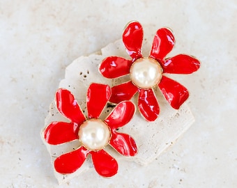 Vintage Massive Red Enamel Floral Shaped Clip Earrings