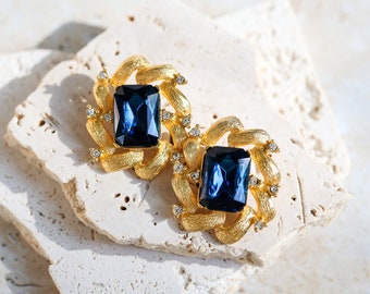 EXQUISITE CRAFT Signed Vintage 1980's Classic Gripoix Statement Clip Earrings With Navy Crystal