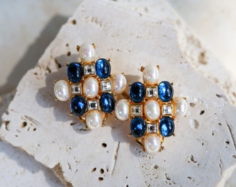 Nolan Miller Maltese Cross Shaped Blue Cabochon Stones Clip On Earrings