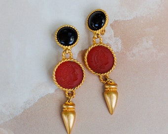Etruscan Red Intaglio Statement Vintage Drop and Dangle Clip On Earrings