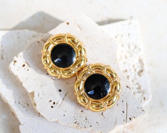 ST.JOHN Signed Vintage 1990's Massive Round Gold & Black Modern Classic Statement Earrings