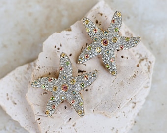 Amazing SAL Signed Starfish Shaped Massive Designer Clip On Earrings with Clear and Colorful Rhinestones