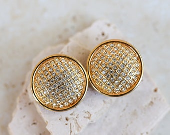 Vintage Stunning Swan Signed Round Pave Crystal Elegant Gold Plated Chunky Button Clip Earrings