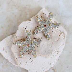 Amazing SAL Signed Starfish Shaped Massive Designer Clip On Earrings with Clear and Colorful Rhinestones image 1