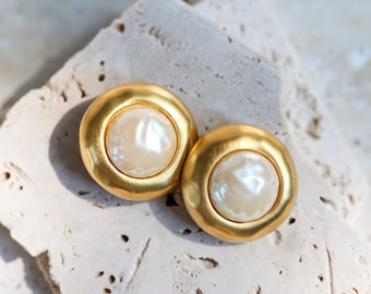 Elegant Vintage Signed Givenchy Paris New York Jumbo Faux Pearls Clip On Earrings