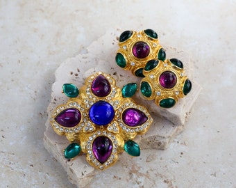 1980s JOAN RIVERS Signed Maltese Cross Brooch with Colorful Cabochon Stones and Clip Earrings set