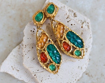 Vintage Multi Colored Lucite Massive Cabochon Clip On Earrings