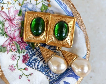 Massive Carlisle Drop Dangle Byzantine Clip On Earrings with Green Cabochon Stones and Baroque Pearls