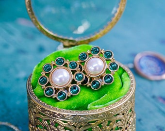 Stunning New Old Stock Statement Floral Shaped Clip On Earrings with Faux Pearl and Green Lucite Cabochon Stones