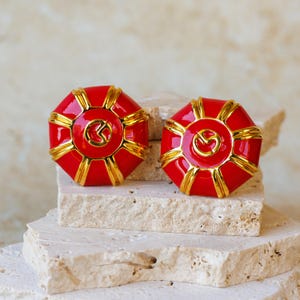 St. John Button Shaped Clip-On Earrings with Red Enamel and Gold Plating