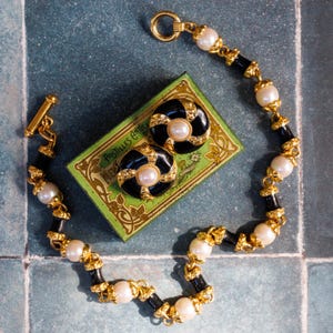 Vintage Marissimo Choker and Clip-on Earrings: Black Enamel, Faux Pearls