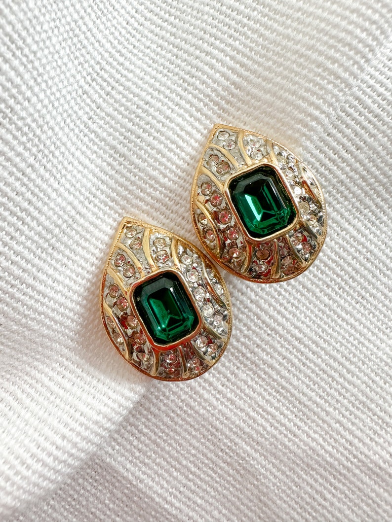 Stunning NOS 1990s Classic Clip On Earrings with Green Crystals and Clear Rhinestones image 10