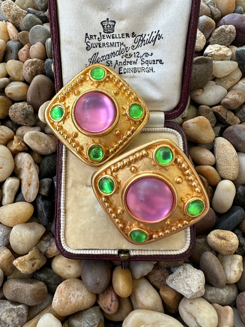 EXQUISITE LESLIE BLOCK Signed Massive Matte Gold Statement Runway Clip Earrings With Pastel Colored Cabochons image 4