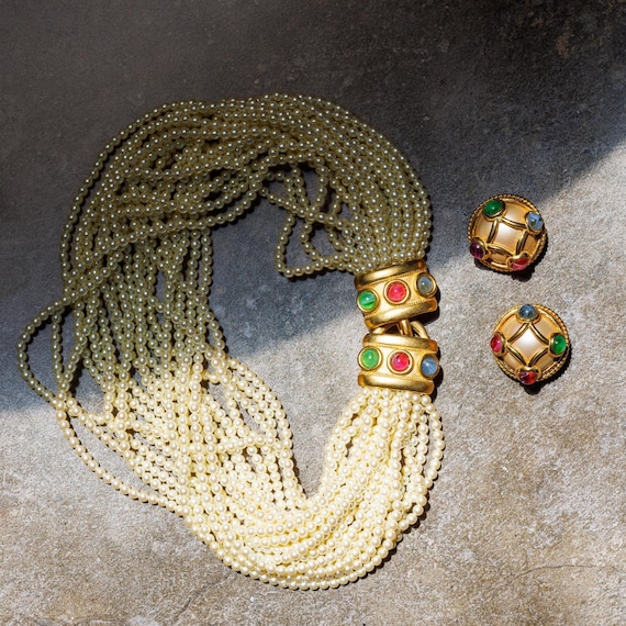 Carolee Vintage Multi-Strand Choker and Clip-On Earrings Set With Mabe Pearls