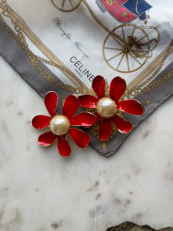 Vintage Massive Red Enamel Floral Shaped Clip Ear… - image 3