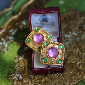 EXQUISITE LESLIE BLOCK Signed Massive Matte Gold Statement Runway Clip Earrings With Pastel Colored Cabochons image 2