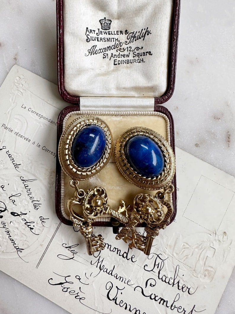 Vintage Blue Cabochon Antique Keys Unique Clip On Earrings image 5