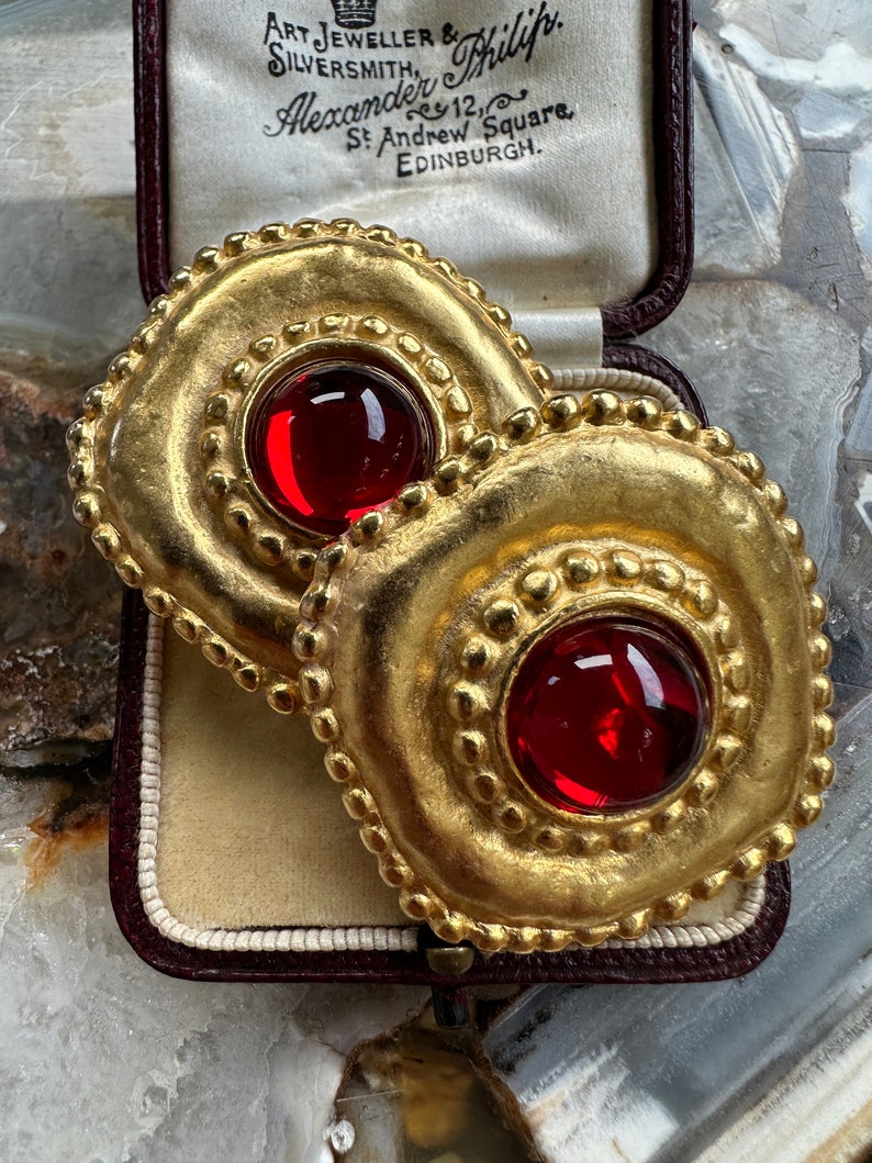 Gorgeous Vintage 1980's Massive Red Glass Round Classic Couture Statement Clip Earrings image 5