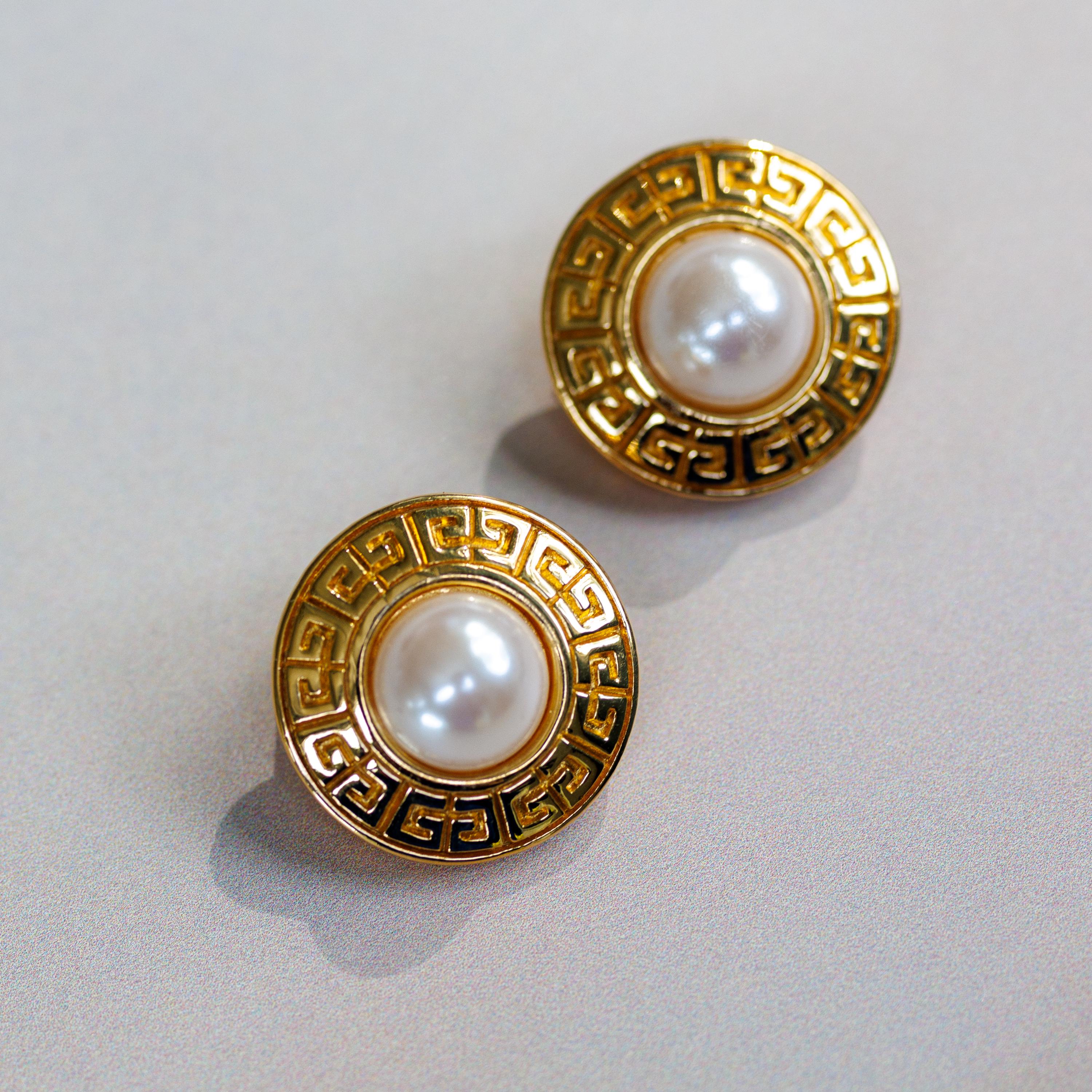 Vintage Givenchy Paris Round Imitation Baroque Pearl Clip-On Earrings 3/4''