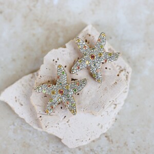 Amazing SAL Signed Starfish Shaped Massive Designer Clip On Earrings with Clear and Colorful Rhinestones image 2