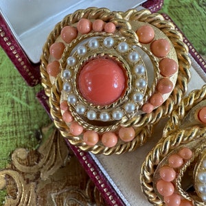 Superb CRAFT Signed Etruscan Byzantine Vintage Clip On Earrings with Faux Coral Cabochon Stones image 4