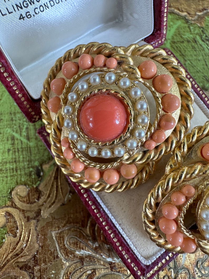 Superb CRAFT Signed Etruscan Byzantine Vintage Clip On Earrings with Faux Coral Cabochon Stones image 4