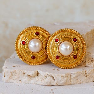 Vintage Crystalline Large Round Clip-On Earrings with Red Cabochons and Faux Pearls