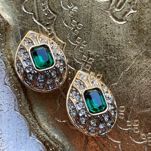 Stunning NOS 1990s Classic Clip On Earrings with Green Crystals and Clear Rhinestones image 9