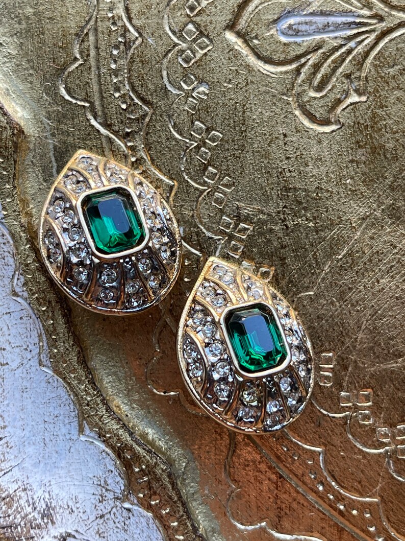 Stunning NOS 1990s Classic Clip On Earrings with Green Crystals and Clear Rhinestones image 9