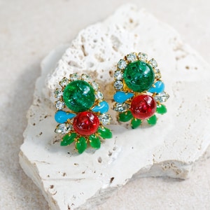 Christian Dior Vintage Clip-On Earrings 1968 Henkel & Grosse Flower with Green Red Gripoix Cabochons