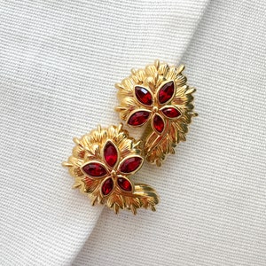Vintage NOS Red Crystals Chunky Floral Clip On Earrings image 3