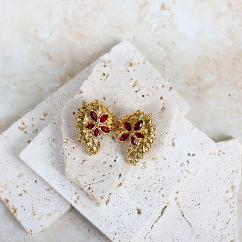 Vintage NOS Red Crystals Chunky Floral Clip On Earrings image 1