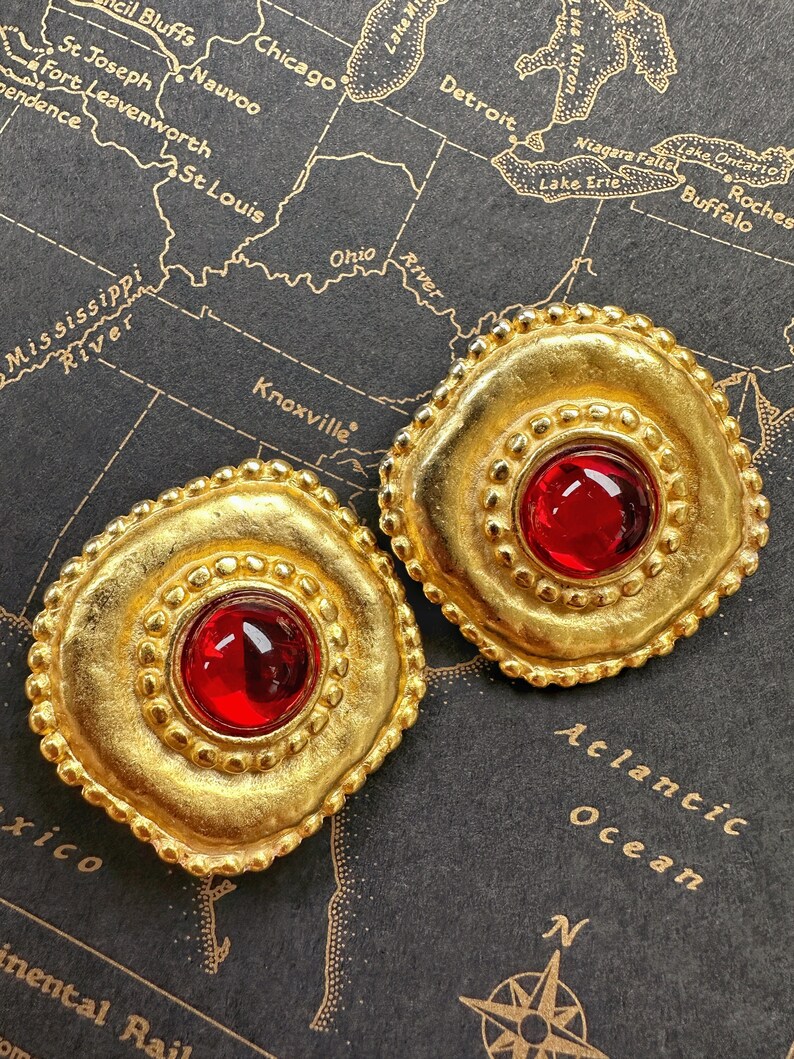 Gorgeous Vintage 1980's Massive Red Glass Round Classic Couture Statement Clip Earrings image 6