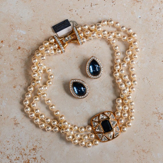 Vintage DS Co Daniel Swarovski Blue Sapphire Crystal Pearl Necklace and Clip-on Earrings