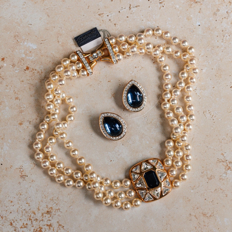 Vintage DS Co Daniel Swarovski Blue Sapphire Crystal Pearl Necklace and Clip-on Earrings image 1