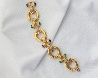 Stunning Joan Rivers Vintage Gold With Red, Green, Blue Cabochons, Moghul Gripoix Style Classic Statement Bracelet