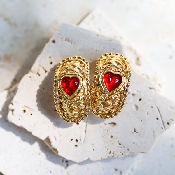 Majestic EDOUARD RAMBAUD Vintage 1980's Massive Statement Hoop Clip On Earrings With Poured Red Glass Heart Shaped Cabochon Stones