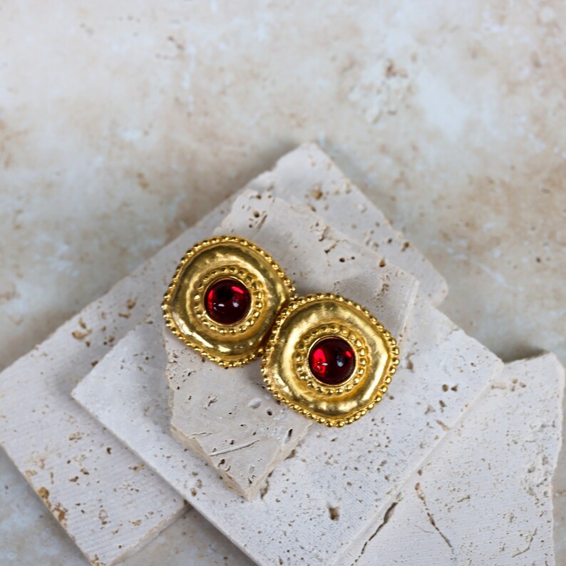 Gorgeous Vintage 1980's Massive Red Glass Round Classic Couture Statement Clip Earrings image 2
