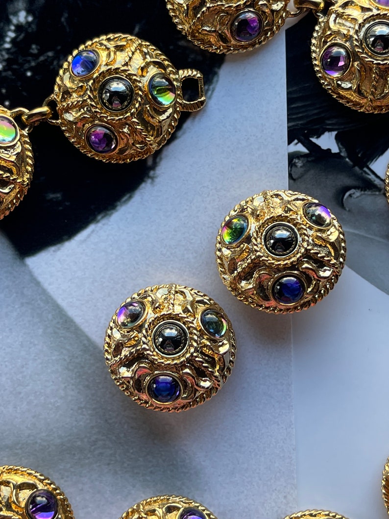 Exquisite Vintage 1980's New Old Stock Massive Gold Gripoix Statement Collar Necklace And Earrings With Multicolored Cabochons image 6