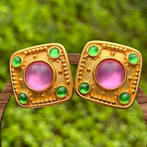 EXQUISITE LESLIE BLOCK Signed Massive Matte Gold Statement Runway Clip Earrings With Pastel Colored Cabochons image 6