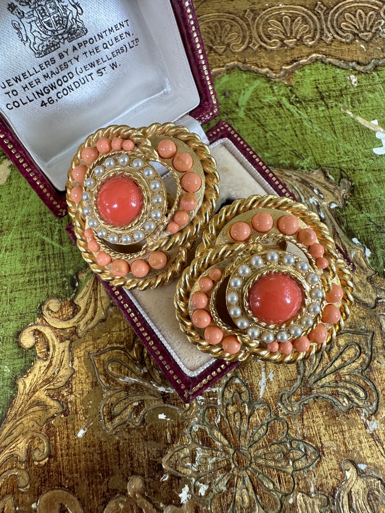 Superb CRAFT Signed Etruscan Byzantine Vintage Clip On Earrings with Faux Coral Cabochon Stones image 3