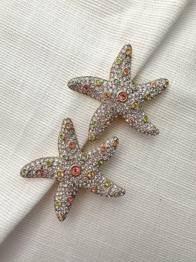 Amazing SAL Signed Starfish Shaped Massive Designer Clip On Earrings with Clear and Colorful Rhinestones image 4