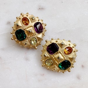 Vintage Maresca Signed Etruscan Multi Gems Statement Clip On Earrings image 4