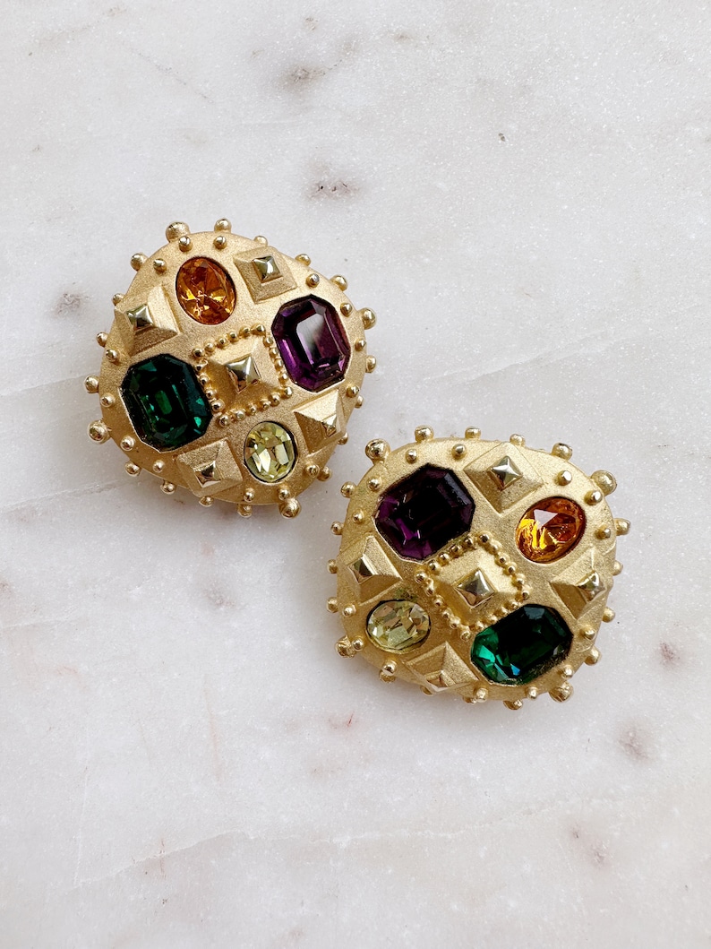 Vintage Maresca Signed Etruscan Multi Gems Statement Clip On Earrings image 4